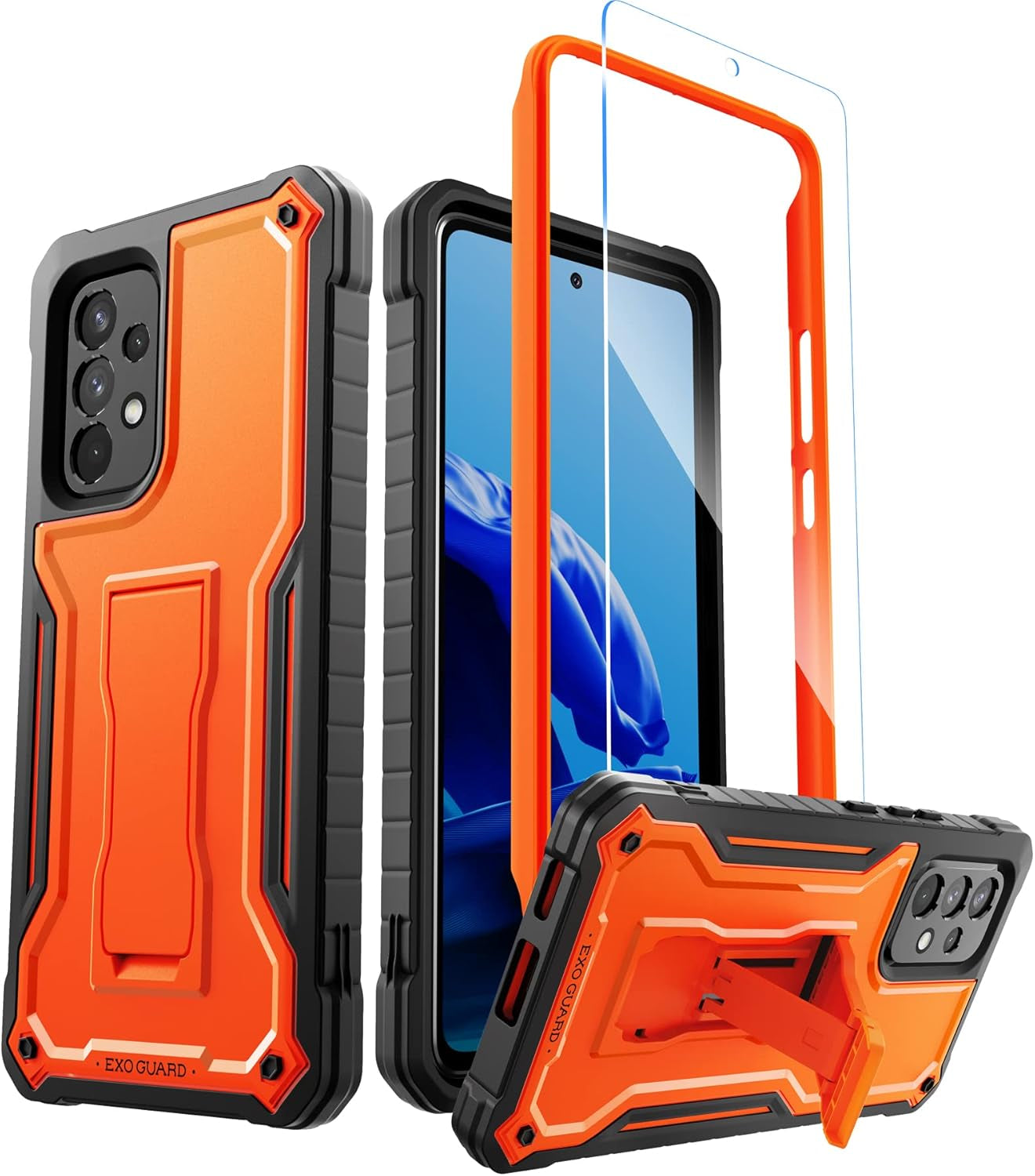 Exoguard for Samsung Galaxy A53 Case, Rubber Shockproof Full-Body Cover Case with Screen Protector for Samsung A53 5G Phone, Built-In Kickstand (Orange)