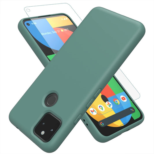 Weycolor for Google Pixel 5A 5G Case with Tempered Glass Screen Protector [2 Pack] ，Liquid Silicone Slim Soft TPU Fit Drop Protection Phone Case for Google Pixel 5A (Dark Green)  Weycolor Dark Green  