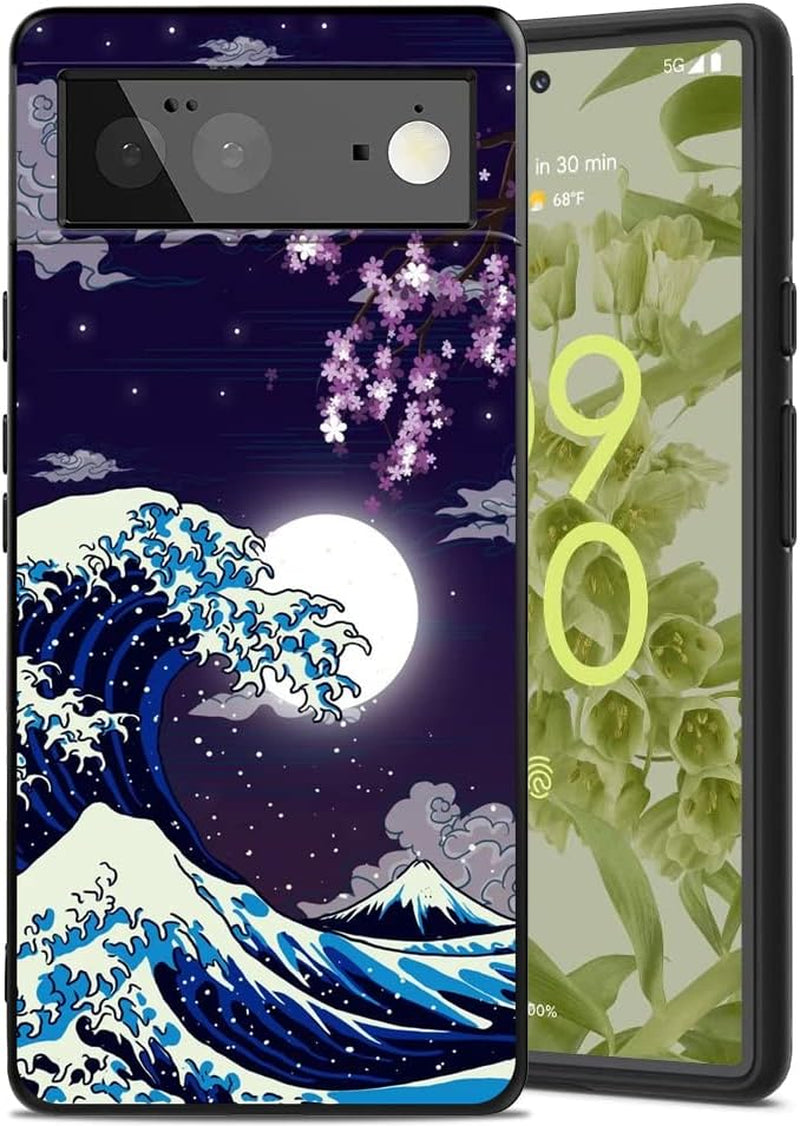 Compatible with Google Pixel 6 Case, Aesthetic Pattern Design, Full Body Protection Shockproof Cover Case for Google Pixel 6 5G 6.4" (Moon Starry Mountains)  MSEAANBK Wave Cherry Blossom Moon  