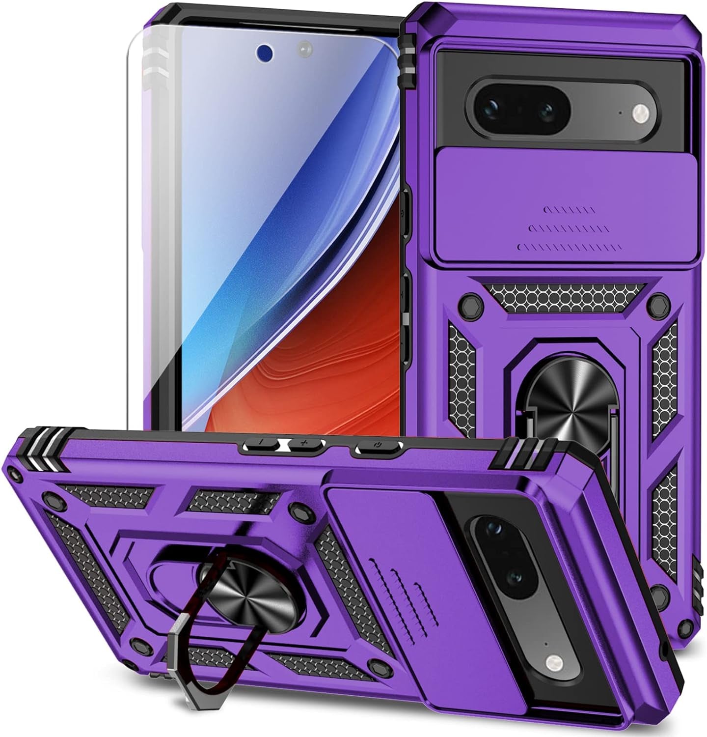 For Google Pixel 7A Case with Slide Camera Cover HD Screen Protector [Military Grade 16Ft. Drop Tested] Magnetic Ring Holder Kickstand Protective Phone Case for Google Pixel 7A, Red  PUSHIMEI Co., Ltd.   