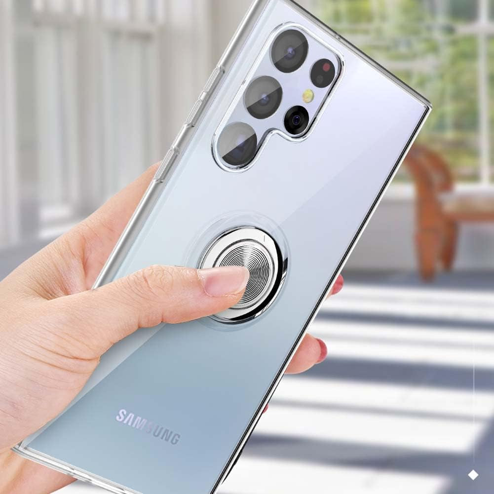 Galaxy S22 Ultra Case, Clear Body Soft TPU Shockproof Case with 360 Degree Rotation Ring Kickstand(Work with Magnetic Car Mount) for Samsung Galaxy S22 Ultra (Clear)