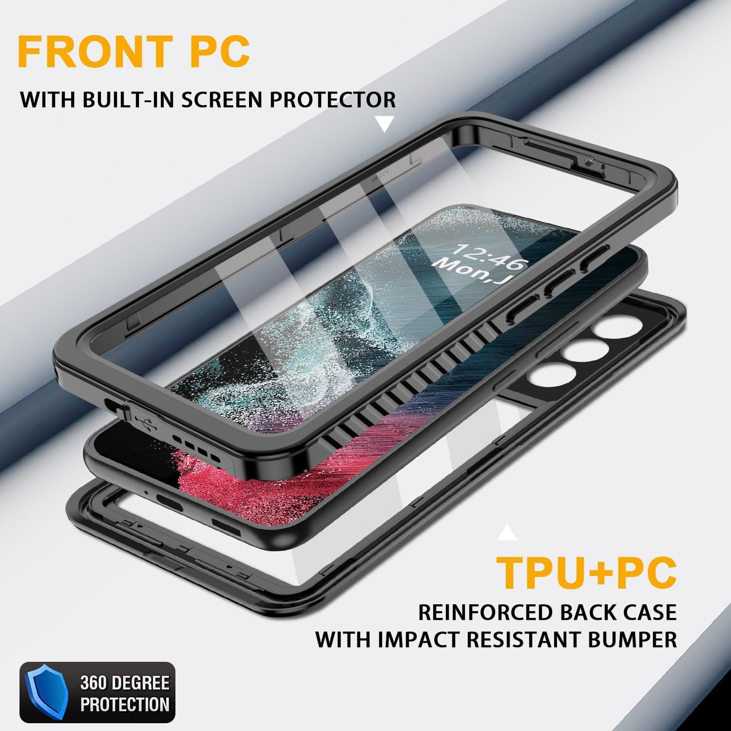 For Samsung Galaxy S22 plus Case Waterproof Built-In Screen Protector [Full Body Shockproof][12 FT Military Shockproof] Dustproof Underwater Phone Case for Galaxy S22 plus 5G 6.6''(Black)