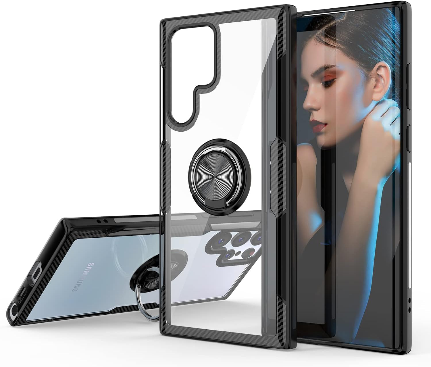 Galaxy S22 Ultra Case with 9H Tempered Glass Camera Screen Protector, Carbon Fiber Design Crystal Clear Cover with Rotation Ring Kickstand [Work with Magnetic Car Mount] for Samsung Galaxy S22 Ultra