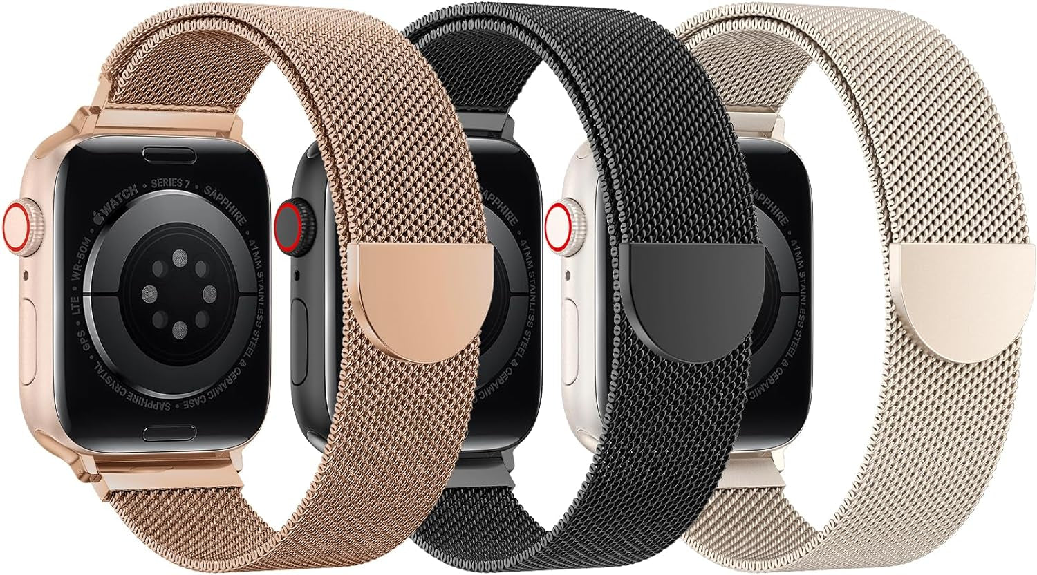 BELONGME 3 Pack Mesh Loop Compatible with Apple Watch Band 40Mm 41Mm 38Mm 42Mm 44Mm 45Mm 49Mm Series Ultra SE 9 8 7 6 5 4 3 2 1 Women Men, Stainless Steel Metal Strap Magnetic Clasp for Iwatch Bands
