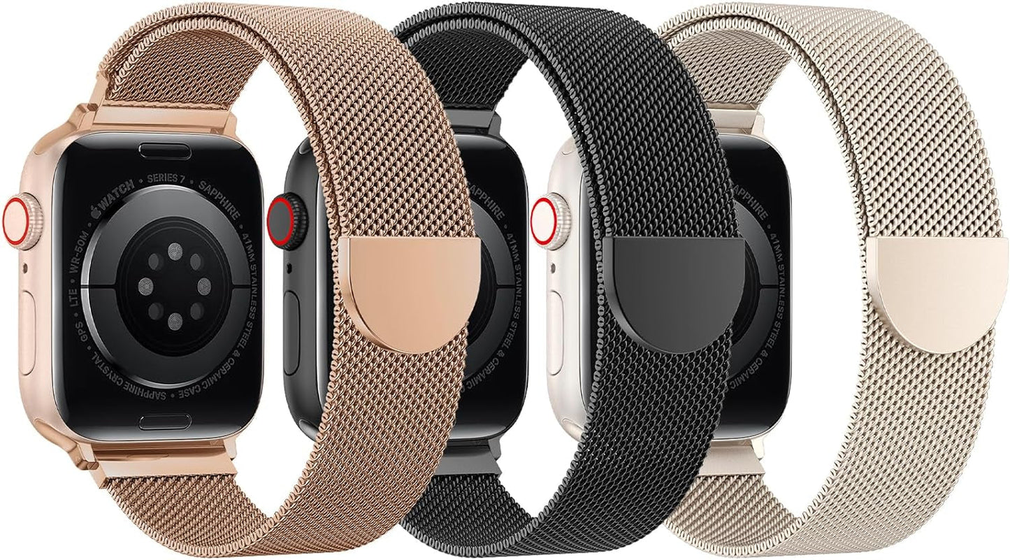 BELONGME 3 Pack Mesh Loop Compatible with Apple Watch Band 40Mm 41Mm 38Mm 42Mm 44Mm 45Mm 49Mm Series Ultra SE 9 8 7 6 5 4 3 2 1 Women Men, Stainless Steel Metal Strap Magnetic Clasp for Iwatch Bands