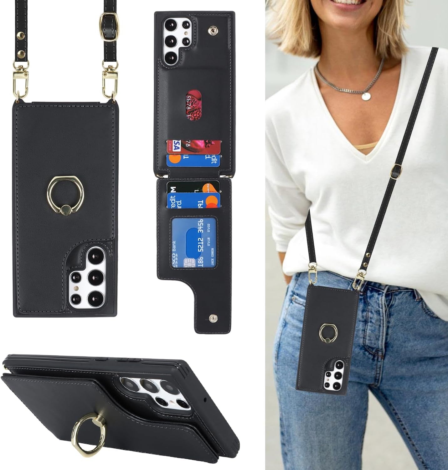 For Samsung Galaxy S22 Ultra Case with Card Holder and Strap for Women,Crossbody Lanyard,Ring Stand,Snap Clasp,Phone Wallet Cases 6.8 Inch(Purple)