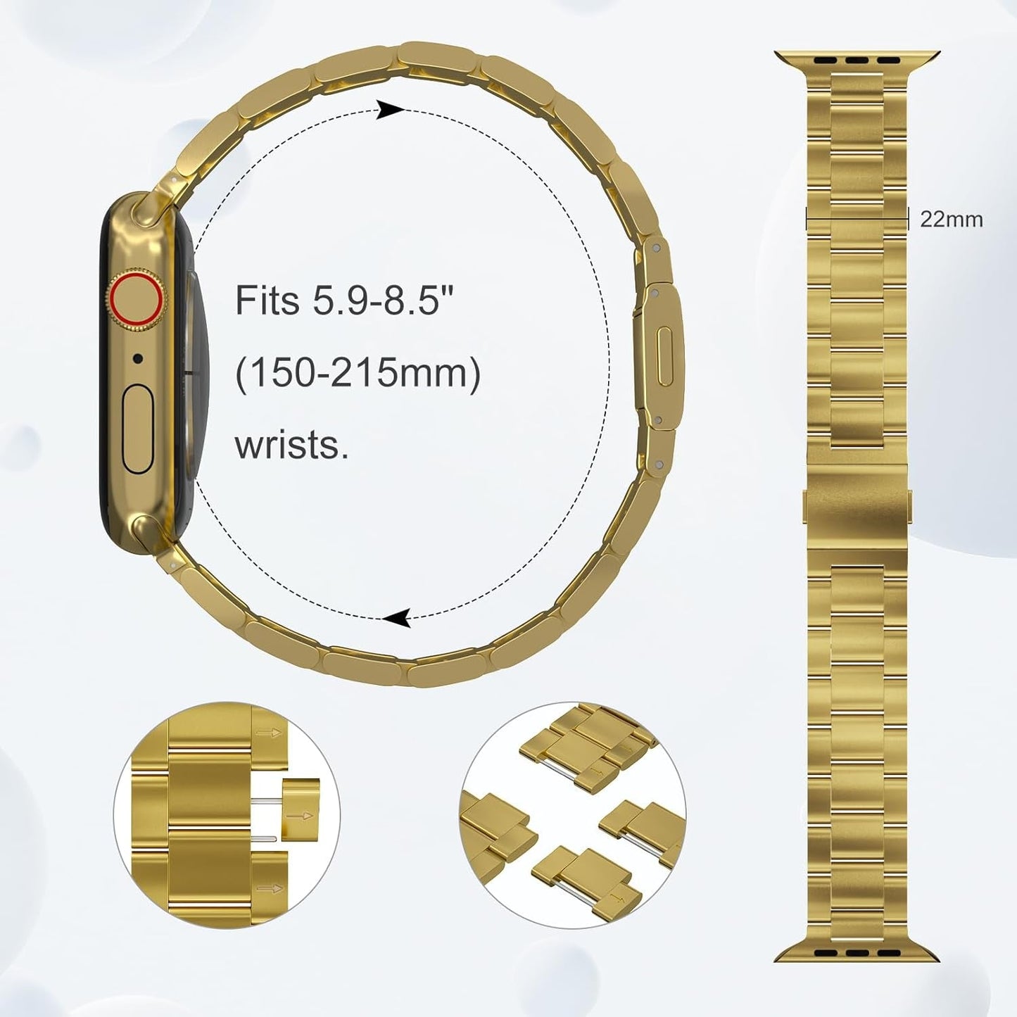 Finestone Metal Band for Apple Watch - No Tool Needed Apple Watch Stainless Steel Band Compatible with Apple Watch 41Mm 40Mm 38Mm - Magnetic Clasp Strap for Iwatch Series 9/8/7/6/5/4/3/2/1 SE Gold