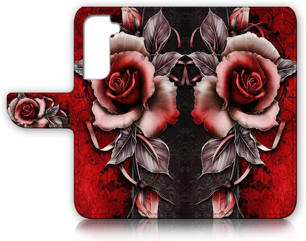 For Samsung S22+, Samsung Galaxy S22 Plus, Art Designed Flip Wallet Style Cover Case Flower Butterfly Dragonfly Full Body Protection AD003 (#24878 Red Gothic Rose S22+)