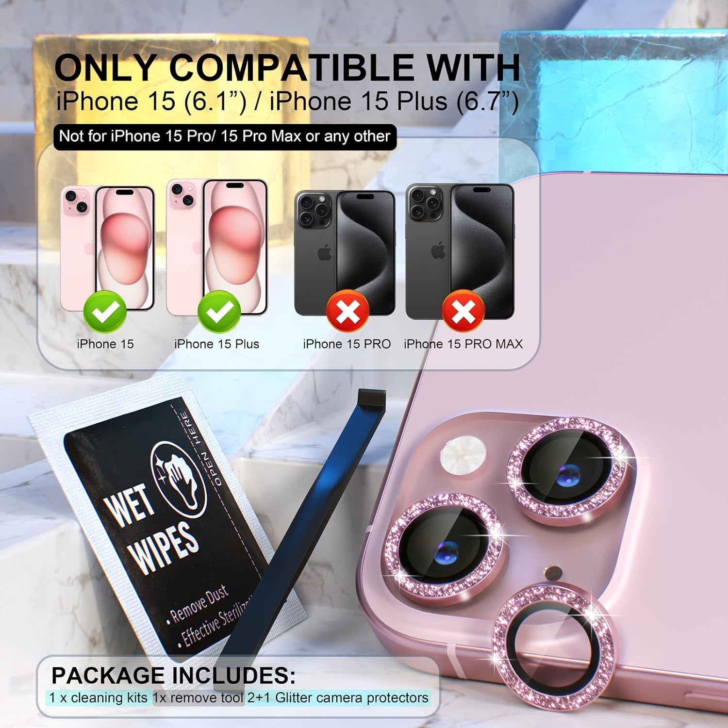 Choiche Compatible for Iphone 15 /Iphone 15 plus Camera Lens Protector Bling, 9H Tempered Glass Camera Cover Screen Protector Metal Ring Decoration Accessories (Glitter-Pink)  Choiche   