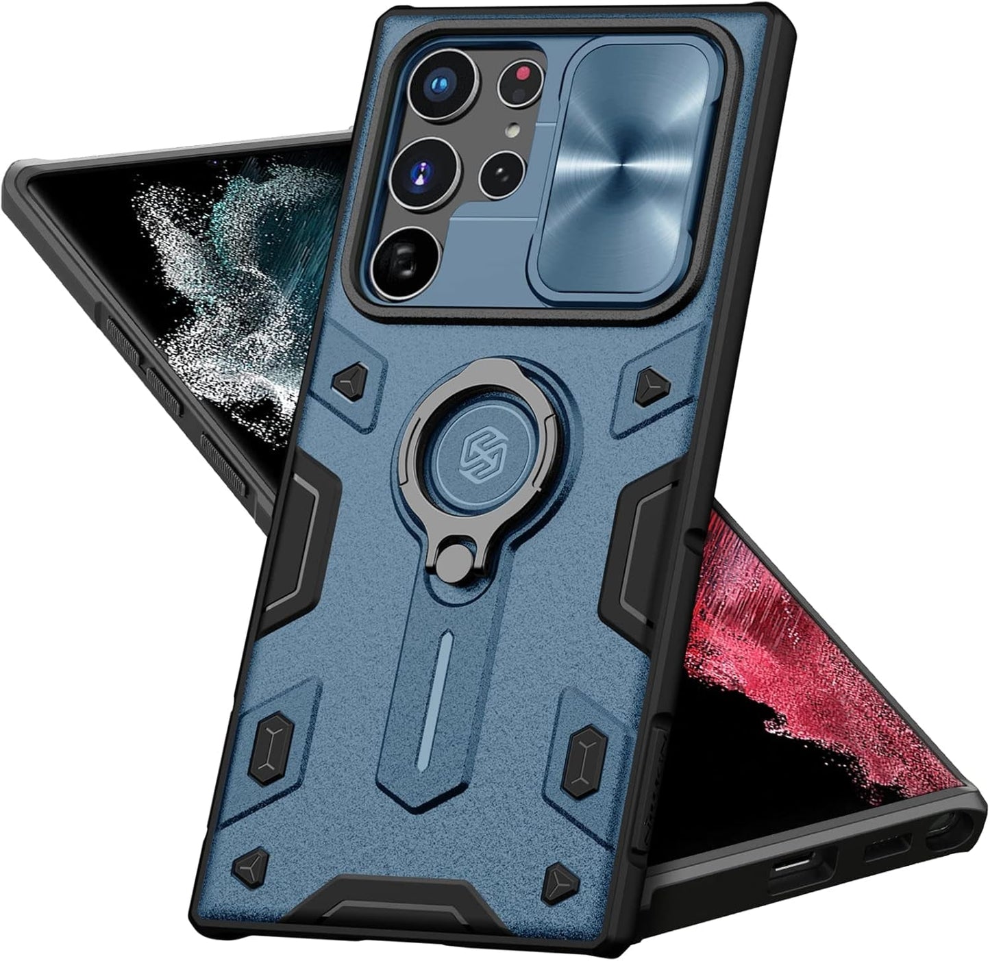 Erhu Galaxy S22 Ultra Case with Slide Camera Cover & Rotation Ring Kickstand, Military Grade, Shockproof Bumper Protective Case for Samsung Galaxy S22 Ultra 5G Case 6.8'' 2022 Black Army Style