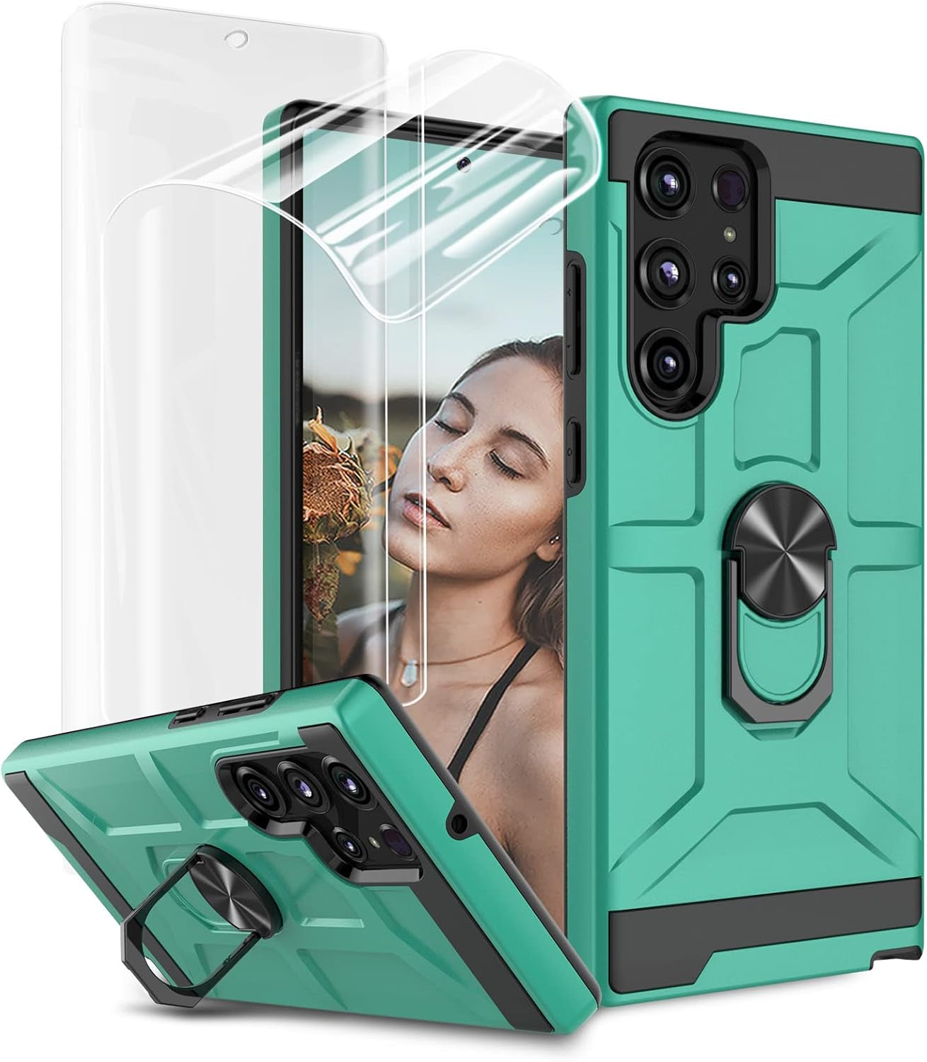 For Samsung Galaxy S22 Ultra Case with Screen Protector, 360 Rotate Ring Kickstand [Work with Magnetic Car Mount], Military Grade Shockproof Phone Case for Samsung S22 Ultra 6.8 Inch, Turquoise