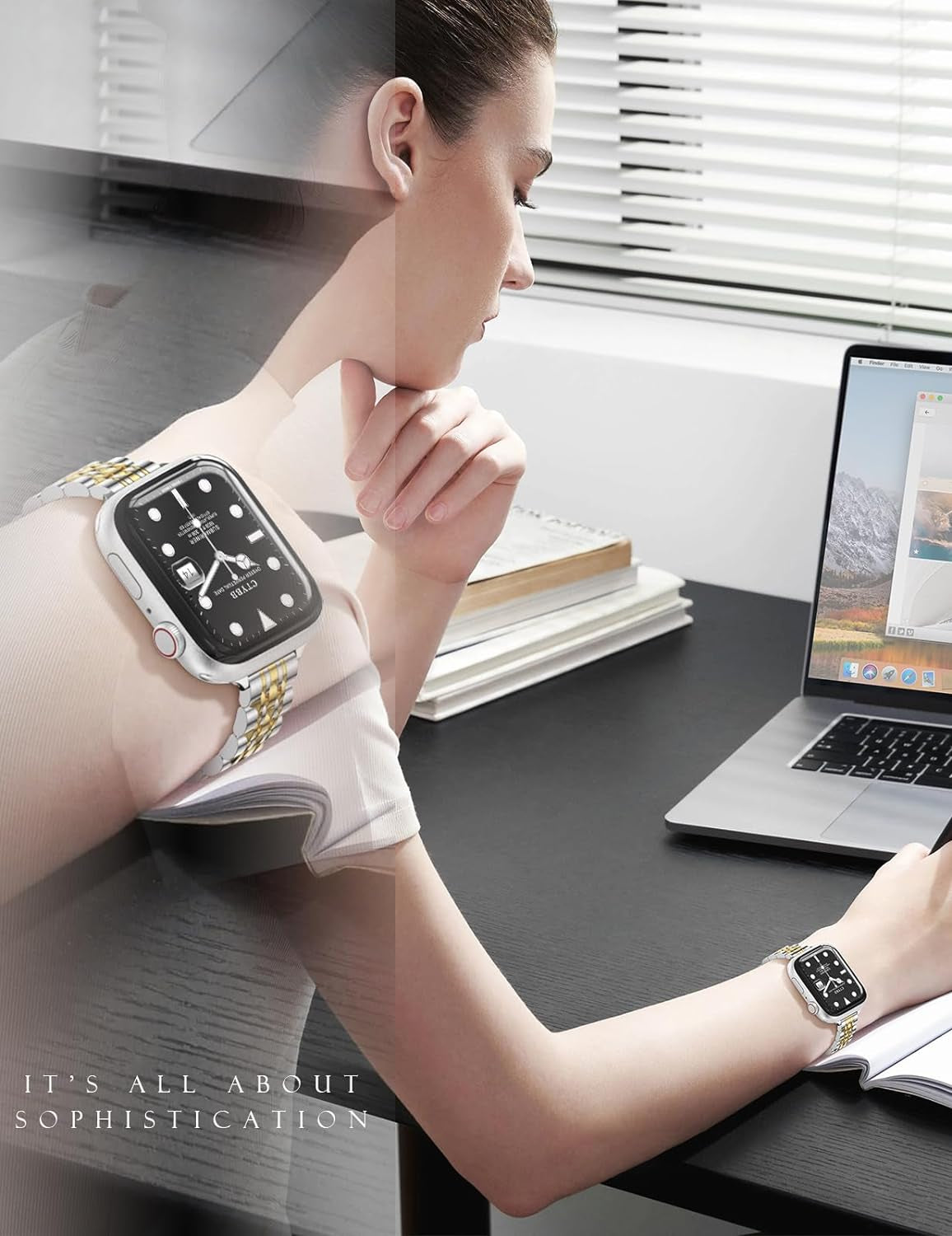 CTYBB Women Slim Band Compatible with Apple Watch Band 38Mm 40Mm 41Mm 42Mm 44Mm 45Mm, Stainless Steel Replacement Straps with Case for Iwatch Bands Series 9 8 7 6 5 4 3 2 1 Se,Silver+Gold