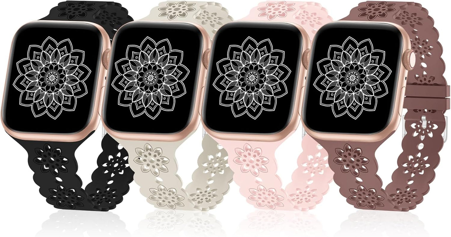4 Pack Slim Silicone Bands Compatible with Apple Watch Band 40Mm 38Mm 41Mm 44Mm 45Mm 42Mm 49Mm Women Men, Lace Breathable Sport Strap for Iwatch Bands SE Series 9/8/7/6/5/4/3/2/1 Ultra 2/1