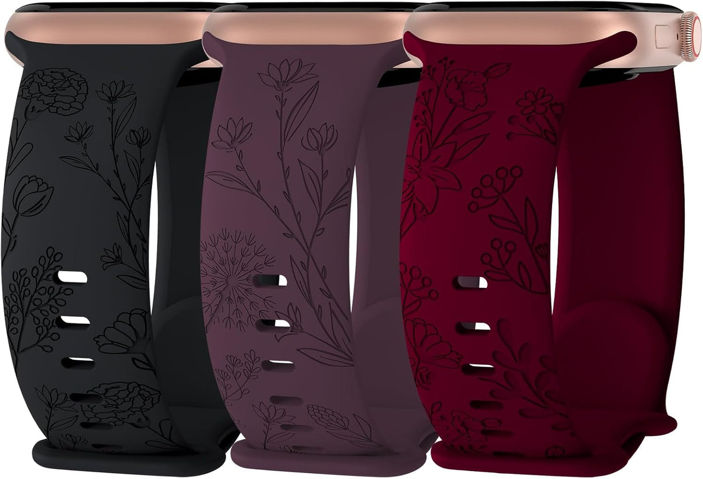 3 Pack Floral Engraved Silicone Bands Compatible with Apple Watch Band 38Mm 40Mm 41Mm 42Mm 44Mm 45Mm 49Mm Women, Soft Sport Wildflower Strap for Iwatch Ultra Series 9 8 SE 7 6 5 4 3 2 1