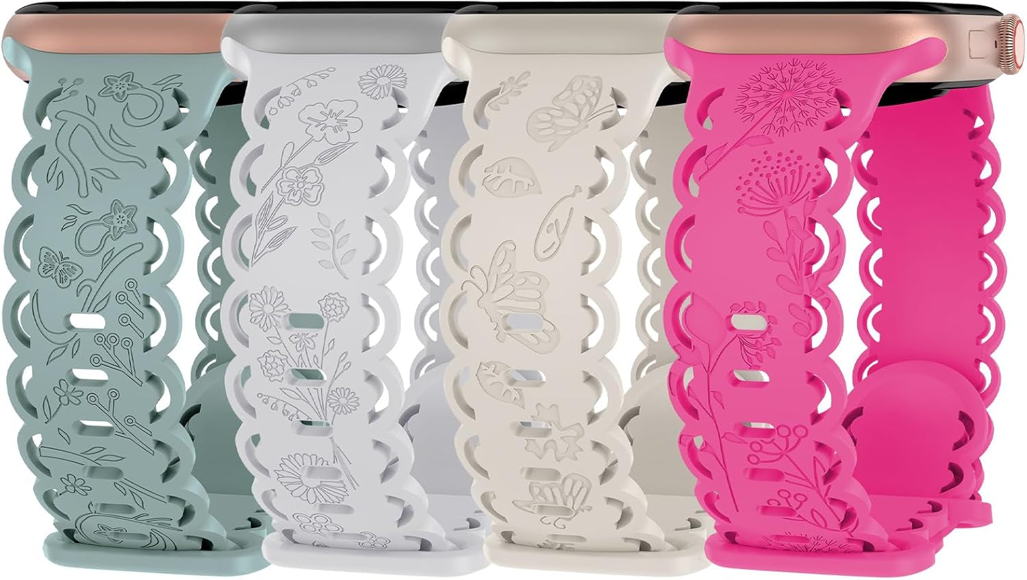4 Pack Floral Engraved Silicone Bands Compatible with Apple Watch Band 38Mm 40Mm 41Mm 42Mm 44Mm 45Mm 49Mm Women, Soft Lace Cute Strap Flower Wristbands for Iwatch Series 9 8 7 6 5 4 3 2 1 SE Ultra