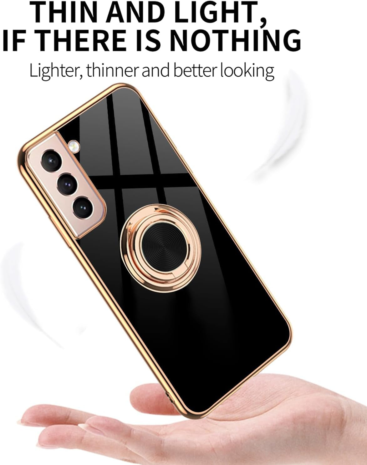 For Samsung Galaxy S22 5G Case, with 2 Screen Protector, Built-In 360° Ring Holder Magnetic Stand, Luxury Electroplated Plating Edge Shockproof Protective Phone Cover, Black