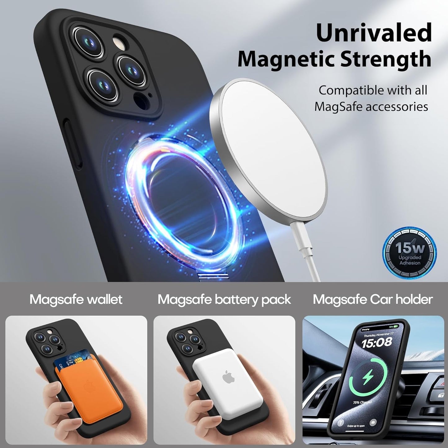 Cellever Magnetic Silicone for Iphone 15 Pro Case [Camera Cover] Military Grade Protection [Compatible with Magsafe] [Slim] Durable Soft Grip Cover with Kickstand, Black  CellEver   
