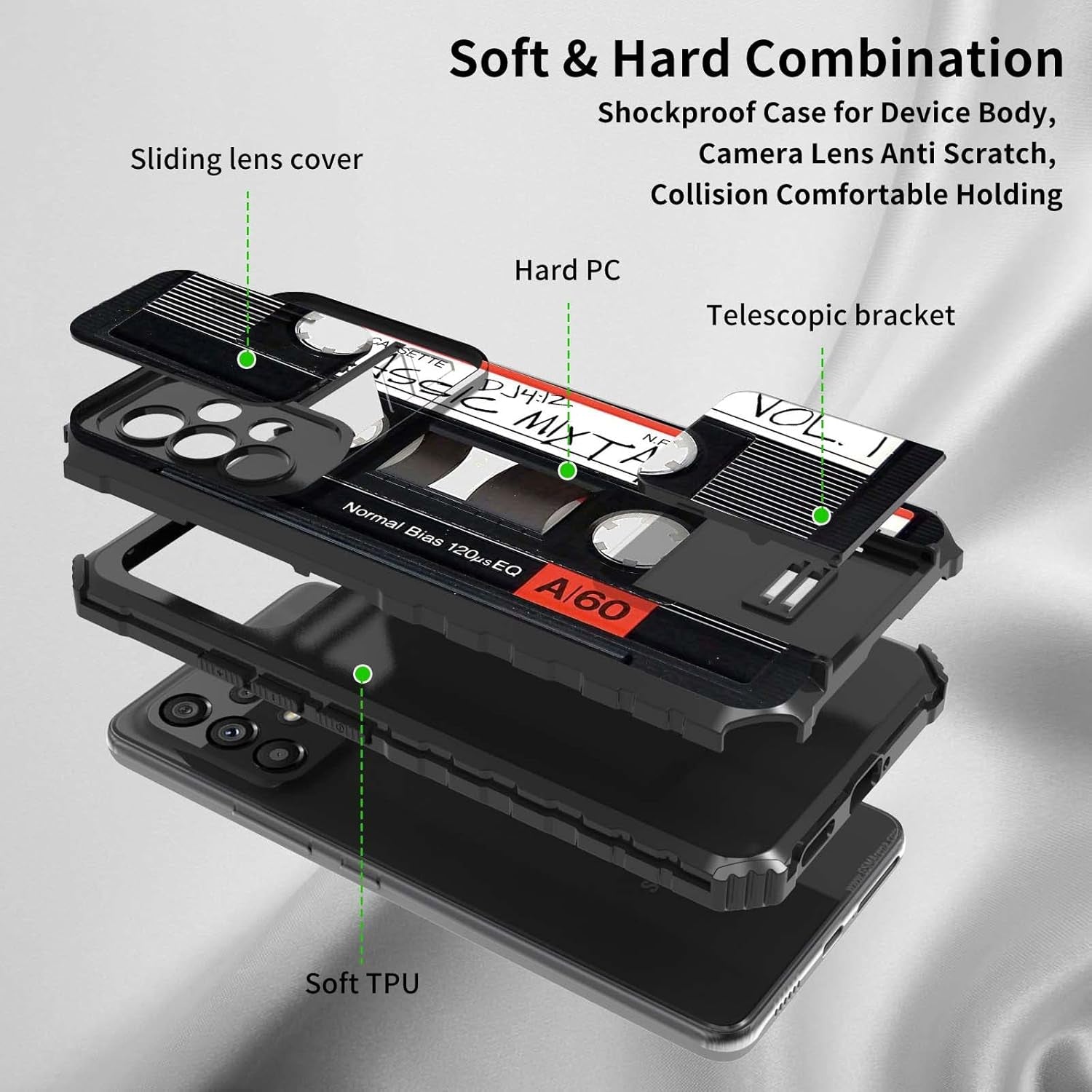 Galaxy A53 5G Phone Case with Slide Camera Cover Built-In Stand Kickstand Dual Layer Hybrid Shockproof Protective Case for Samsung Galaxy A53 5G, Retro Audio Cassette