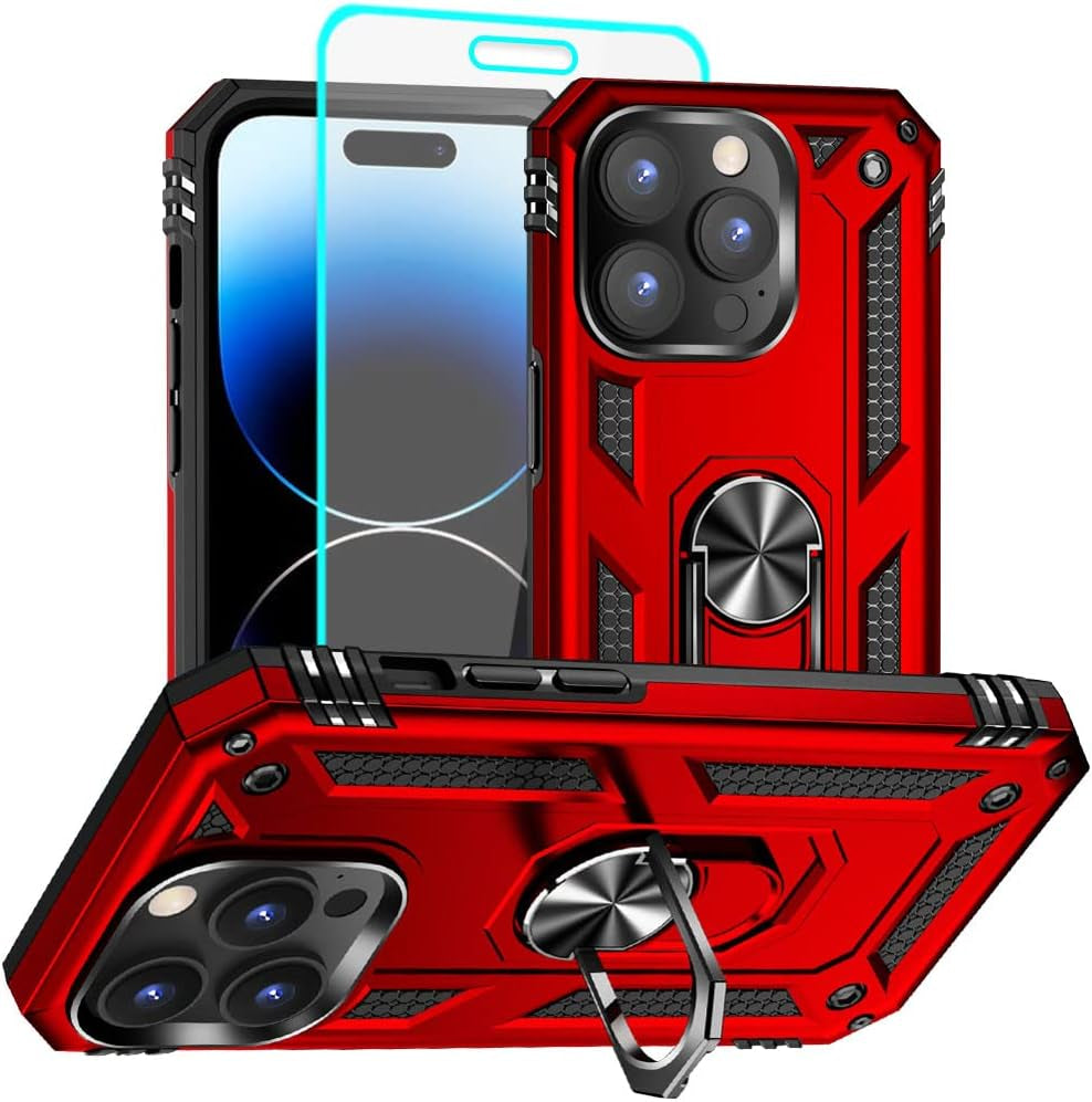 Aozuoton for Iphone 14 Pro Case, Iphone 14 Pro Phone Case with HD Screen Protector, [Military Grade 16Ft. Drop Tested] Ring Shockproof Protective Phone Case for Iphone 14 Pro,Black  Yanmen Iphone 14 Pro Case Red  
