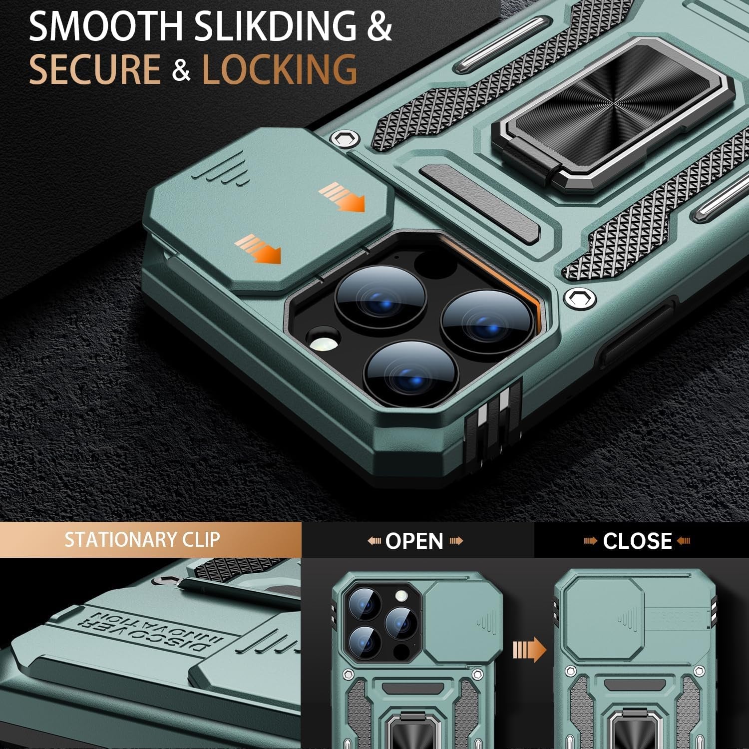 Goodon for Iphone 14 Pro Max Case with Slide Camera Cover + Screen Protector, Built in Rotated Ring Magnetic Kickstand Military Grade Shockproof Protective Phone Case 6.7" Pale - Green  Goodon   