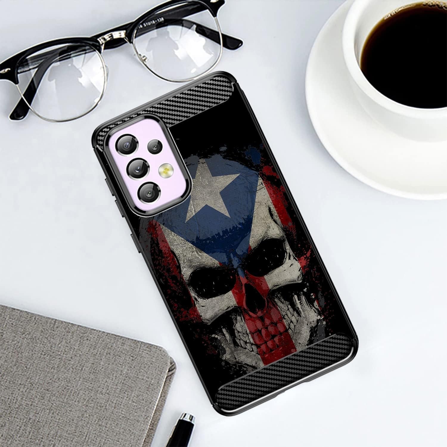Cases on Deck Casesondeck Skull Flags Case Compatible with Samsung Galaxy A53 5G / A53 5G Case, Slim Tough Matte Design with Carbon Fiber Texture (Puerto Rico Skull)