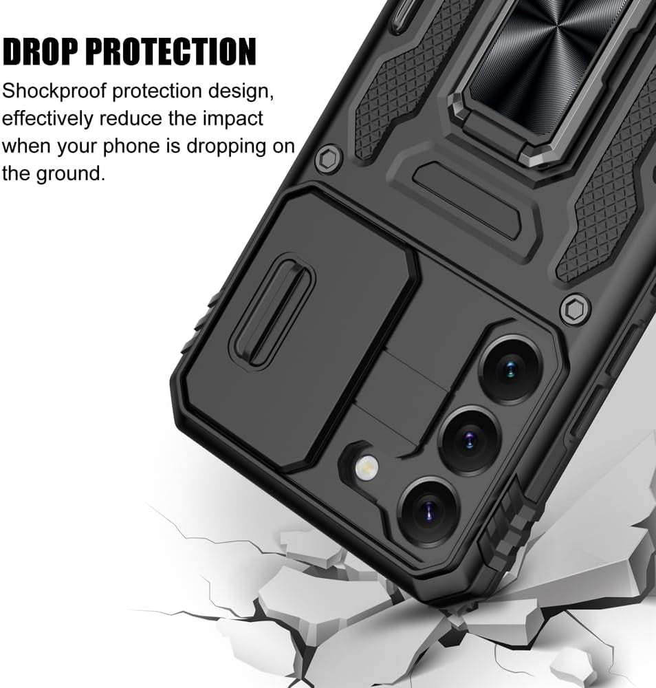 For Samsung Galaxy S22 Case, Shockproof Phone Case & Sliding Camera Cover & Ring Holder Kickstand with Screen Protector for Samsung Galaxy S22 5G (6.1", 2022) [Black]