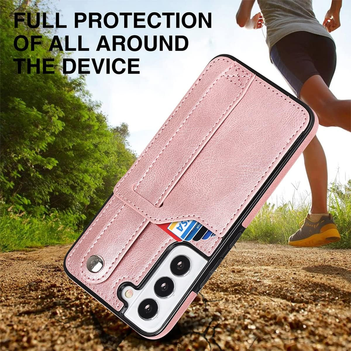 Design for Samsung Galaxy S22 plus 5G Phone Case with Screen Protector Adjustable Wrist Strap Kickstand Credit Card Slot Slim Shockproof Hybrid Rugged Protective Cover for Women 6.6" Rose Gold