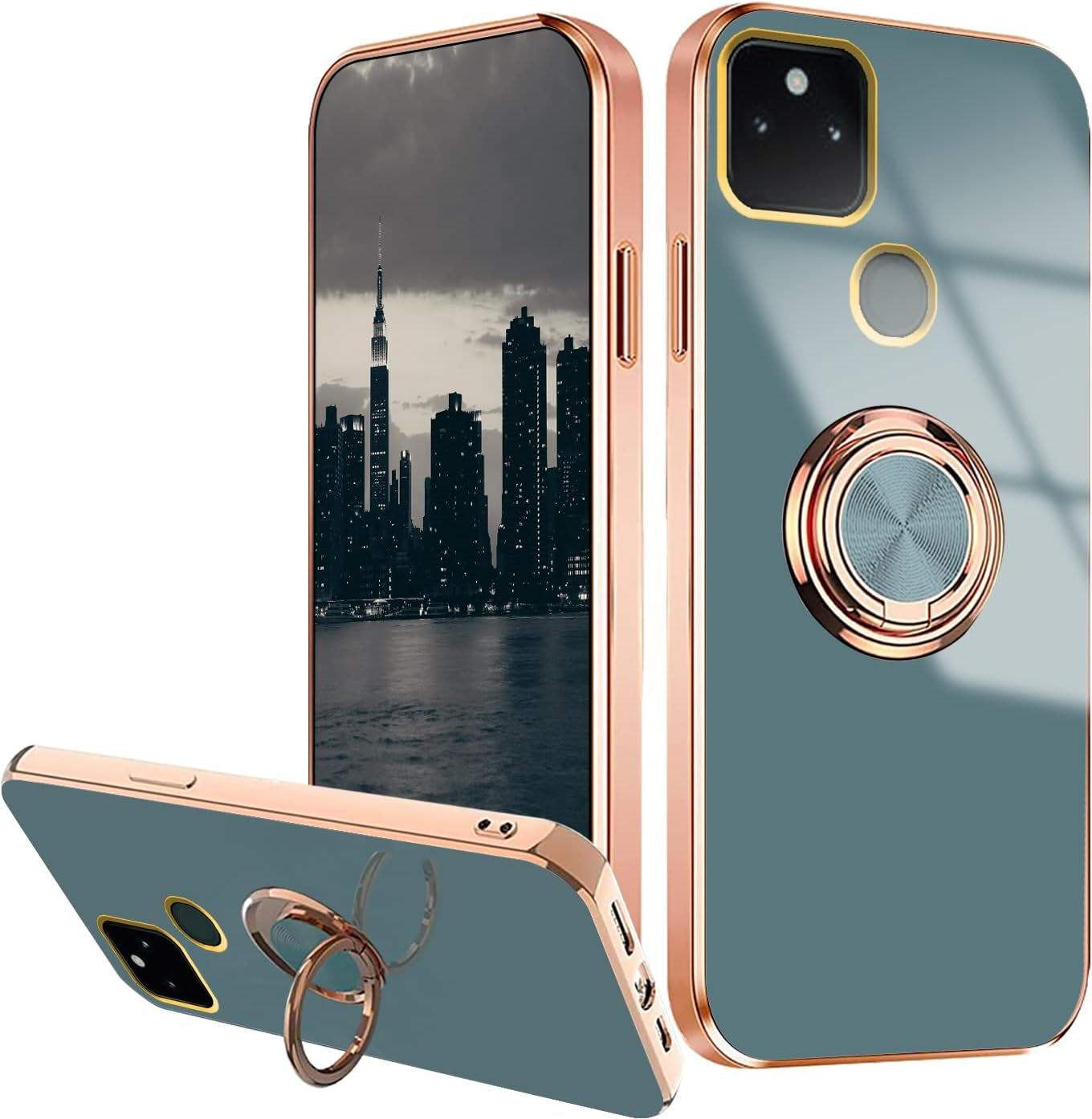 Compatible with Google Pixel 5A 5G Case Ring Holder Magnet Green, Google Pixel 5A 5G Phone Case Silicone Shockproof Plate Luxury Slim Cover (Purple)  Wousunly Grey  