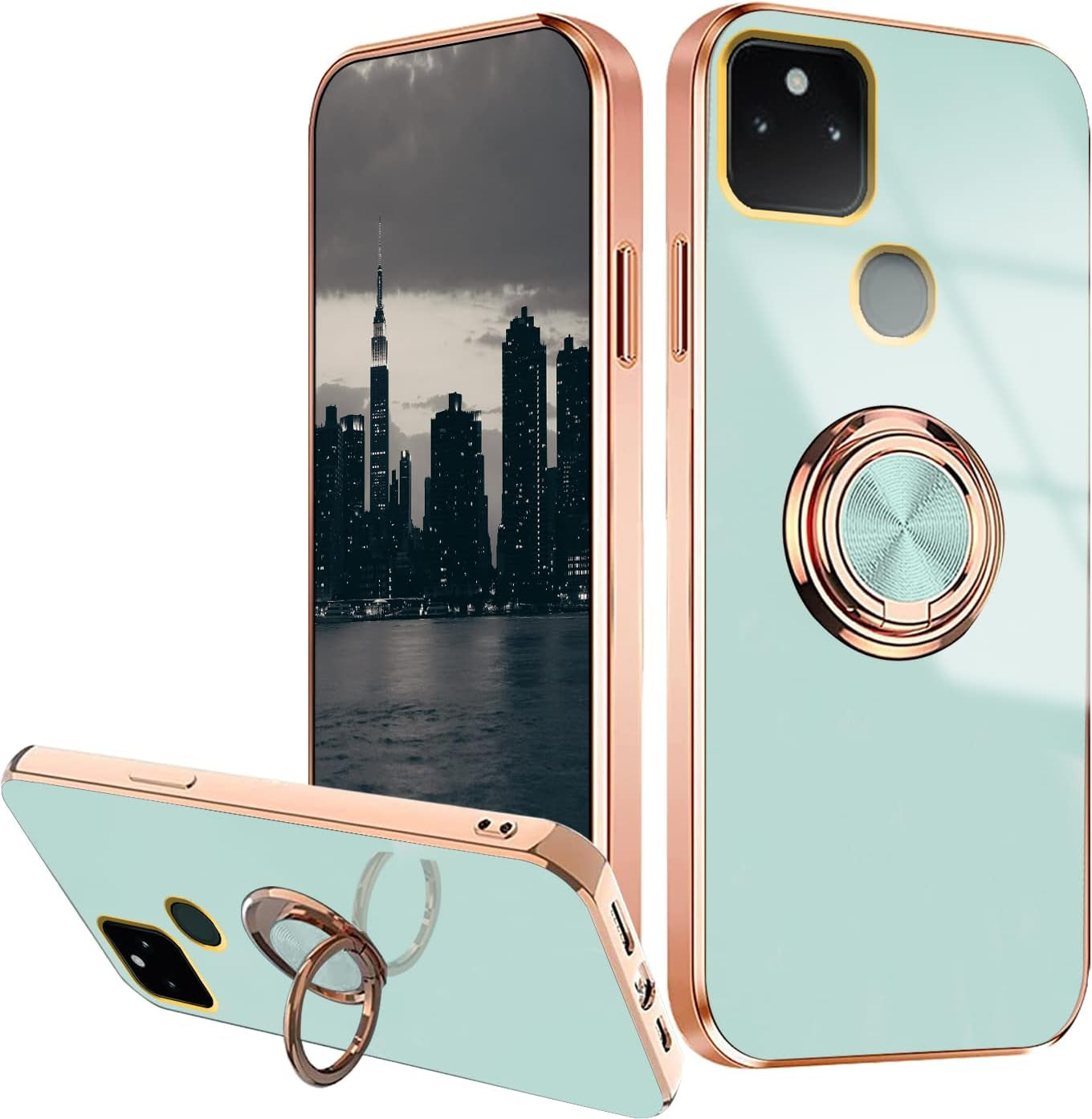 Compatible with Google Pixel 5A 5G Case Ring Holder Magnet Green, Google Pixel 5A 5G Phone Case Silicone Shockproof Plate Luxury Slim Cover (Purple)  Wousunly Green  
