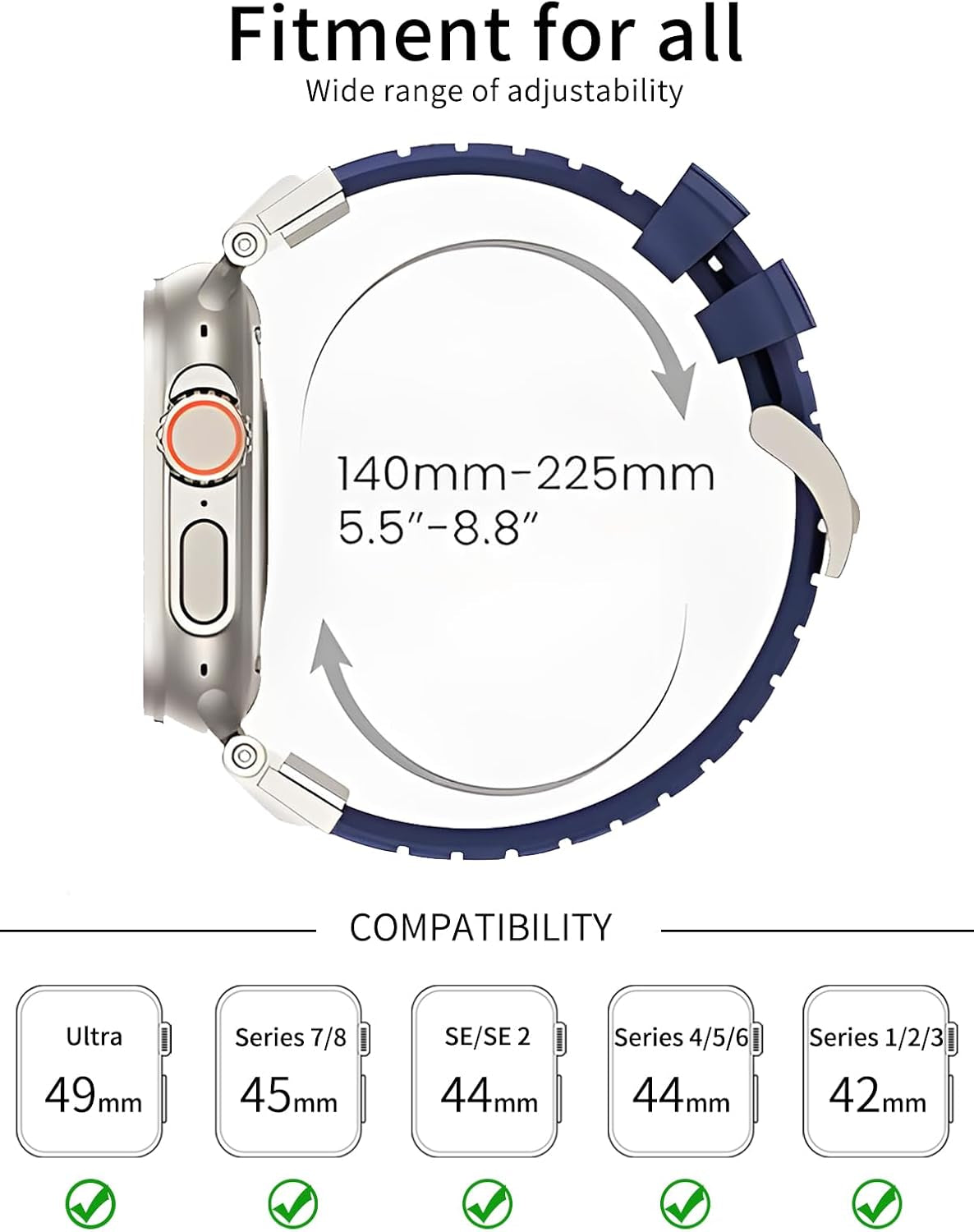 Fluororubber Sport Watch Band Compatible with Apple Watch Ultra 2/Ultra Band 49Mm 45Mm 44Mm 42Mm for Men, Rugged Strap with Stainless Steel Metal Connector for Watch Ultra Series SE 9 8 7 6 5 4 3