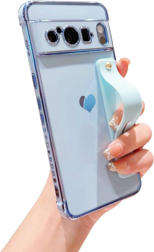 Phylla for Google Pixel 8 Pro 5G 2023 Phone Case with Wrist Strap Luxury Cute Gold Love Heart Pattern Full Camera Protection Stand Holder Cover Soft Shockproof Kickstand Bumper (Blue, 6.7")  PHYLLA\1 Blue 6.7" 