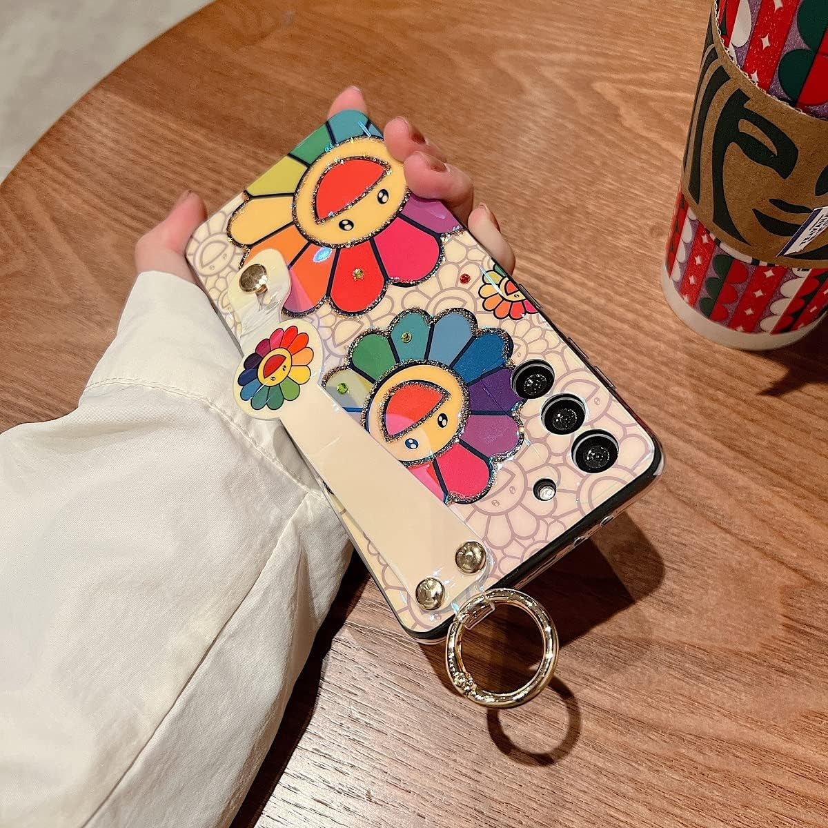 For Samsung Galaxy S22 plus Case Cute with Wrist Strap Kickstand Case 6.6" 5G Glitter Bling Cartoon IMD Soft TPU Shockproof Protective Phone Cases Cover for Girls and Women - Sunflower