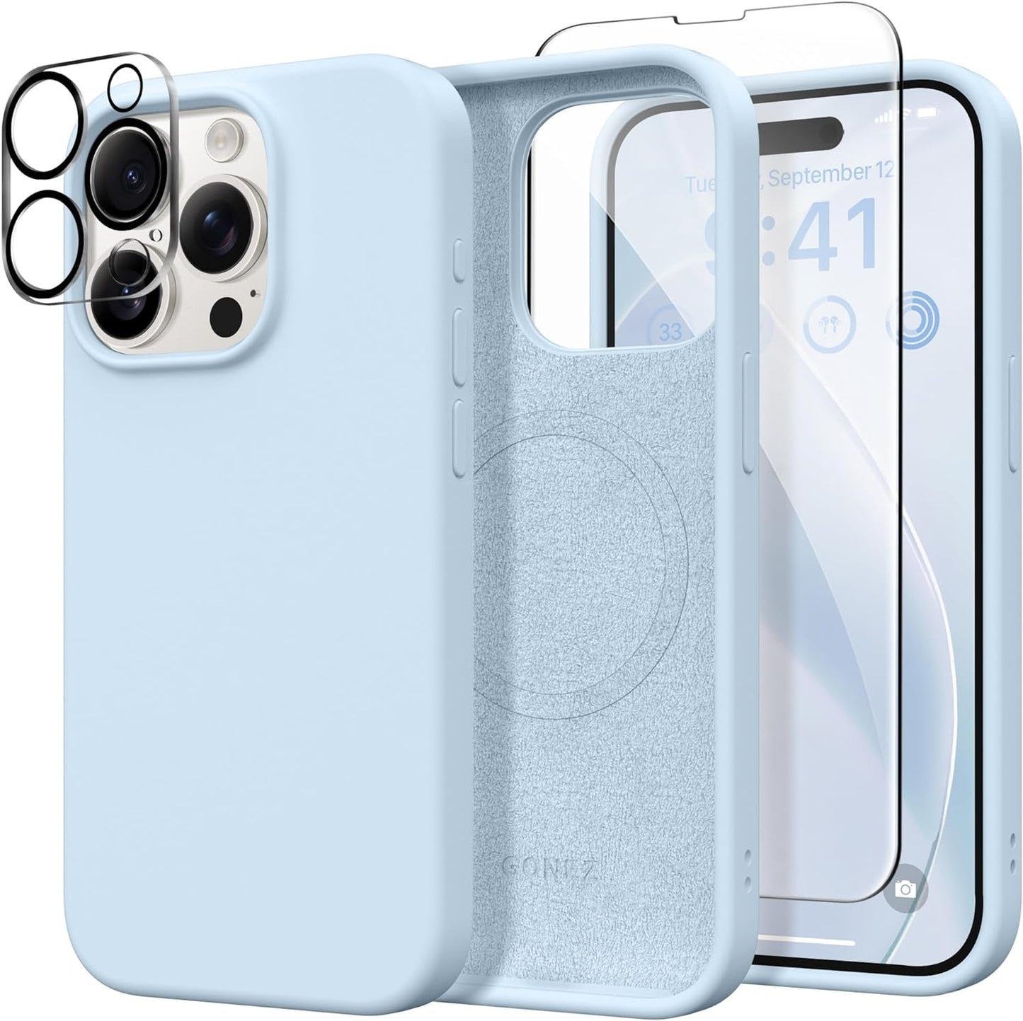 GONEZ for Iphone 15 Pro Case Compatible with Magsafe, [2X Screen Protector + 2X Camera Lens Protector], Soft Silicone Shockproof Anti-Scratch Full Body Protective Phone Case 6.1" 2023, Dark Grey  GONEZ Blue  