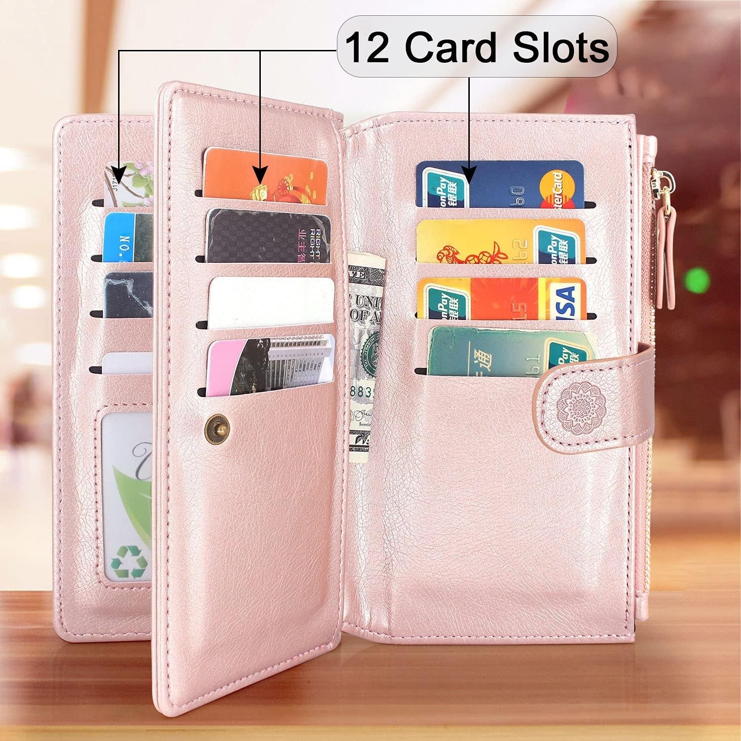 Harryshell Detachable Magnetic Zipper Wallet Leather Case with Cash Coin Pocket 12 Card Slots Holder Wrist Strap Lanyard for Samsung Galaxy S22+ S22 plus 5G 6.6 Inch (2022) Flower (Rose Gold)