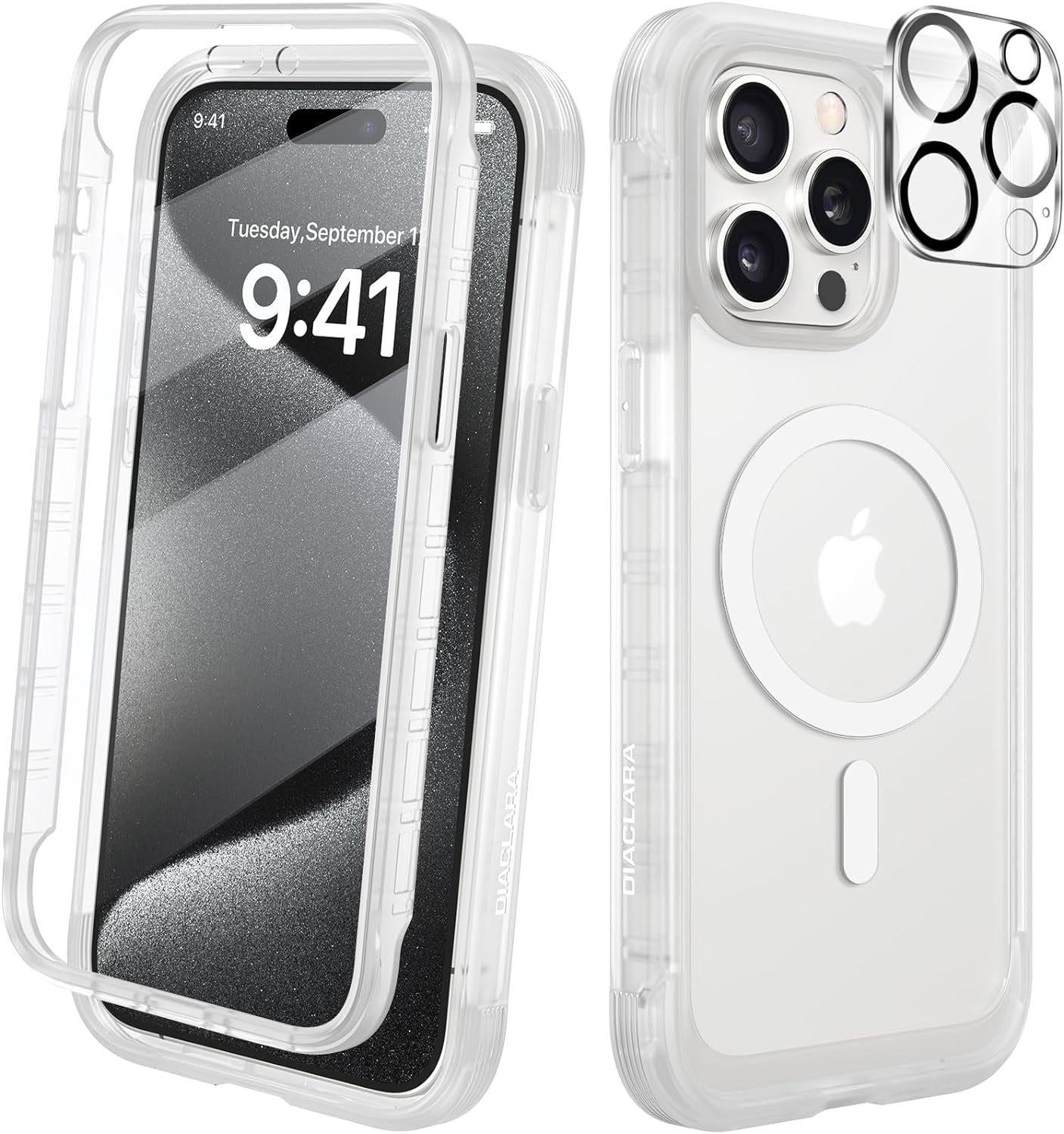Diaclara Designed for Iphone 15 Pro Case, Full Body Rugged Case with Built-In Touch Sensitive Anti-Scratch Screen Protector, with Camera Lens Protector for Iphone 15 Pro 6.1",Frosted Clear  Diaclara Magnetic Frosted Clear Iphone 15 Pro Max 