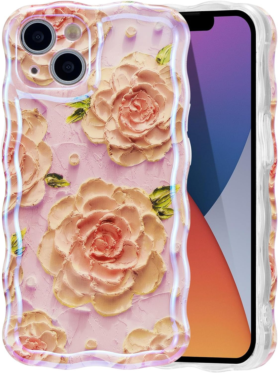 EYZUTAK Case for Iphone 14 Pro, Colorful Retro Oil Painting Flower Leaf Laser Glossy Pattern Cute Curly Wave Edge Exquisite Phone Cover Stylish Durable TPU Protective Case for Girls Women - Blue Green  EYZUTAK Pink4 Iphone 14 