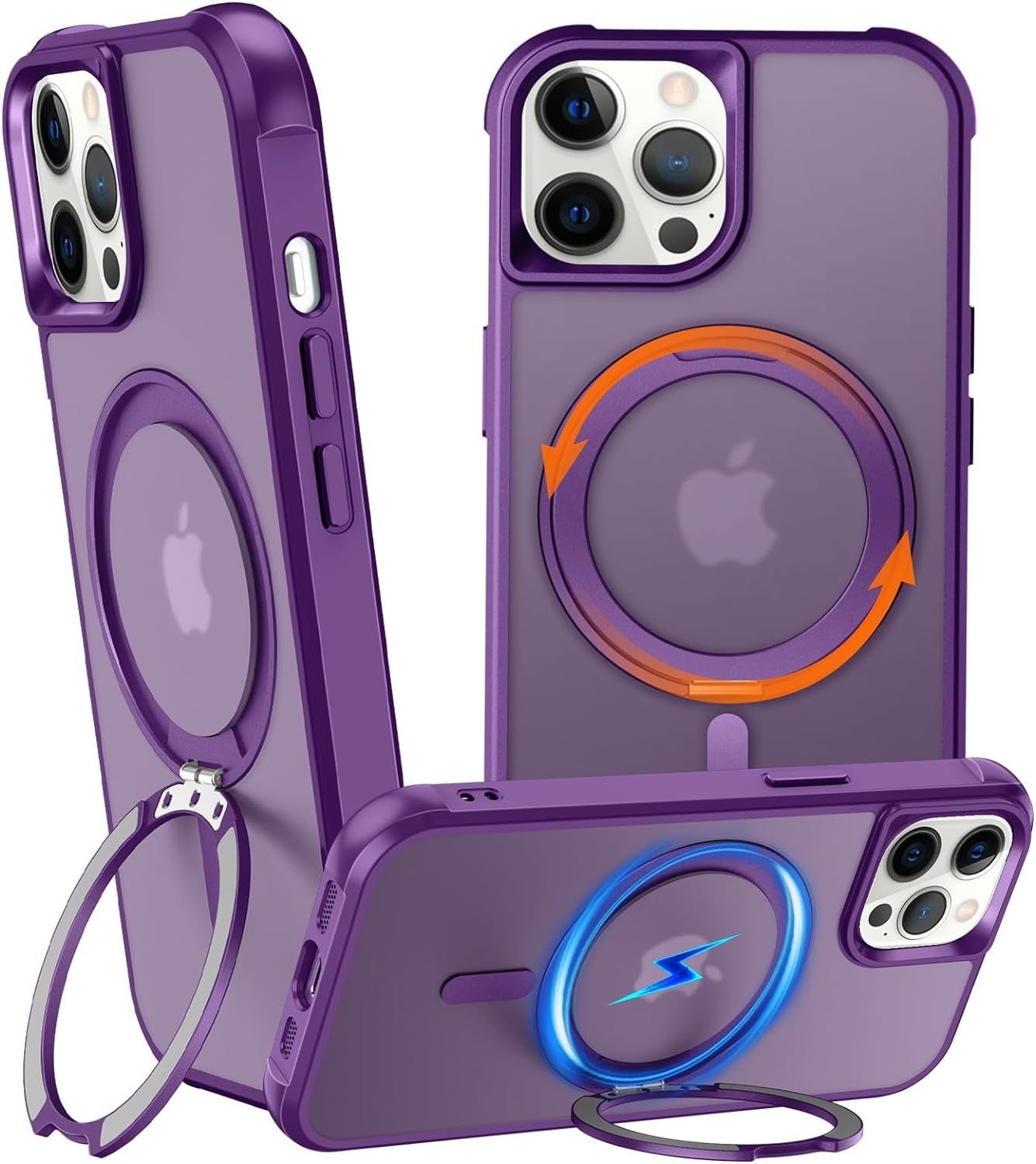 Chaofeng 360° Rotatable Stand for Iphone 15 Pro Case with Magnetic [Military Grade Drop Tested][Adjustable Kickstand] Ring Translucent Slim Hard Back Soft Edge, Purple  CHAOFEnG Purple Iphone 12 Pro Max 