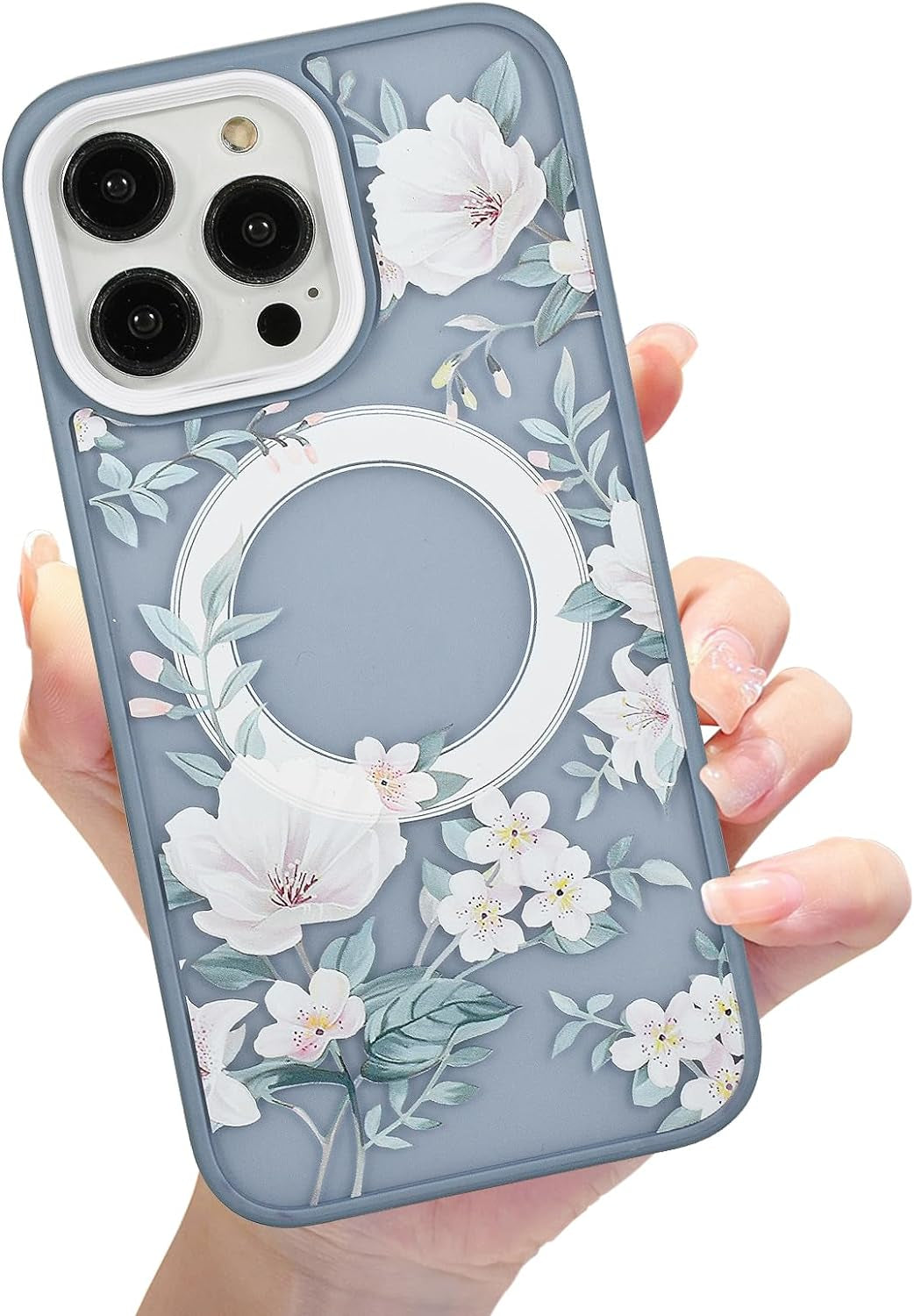 Eiyikof Compatible with Iphone 15 Pro Magnetic Matte Translucent Case [Luxury Shockproof Magsafe Case] [Cute Flower Pattern Hard Back Cover] Iphone 15 Pro Case for Women Girls-Purple Floral  Eiyikof Blue Iphone 15 Pro Max 