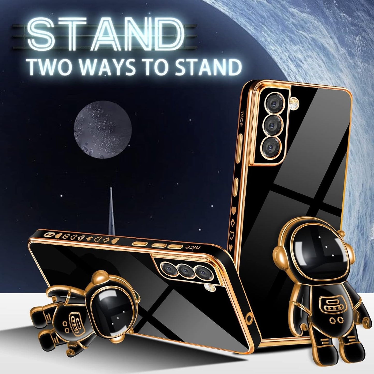 Buleens for Samsung Galaxy S22 plus Case with Astronaut Stand, Women Girls for Galaxy S22 plus Cases, Girly Cute 6D Outer Space Heart Pattern Phone Cover for S22 plus 6.6 Inch Black