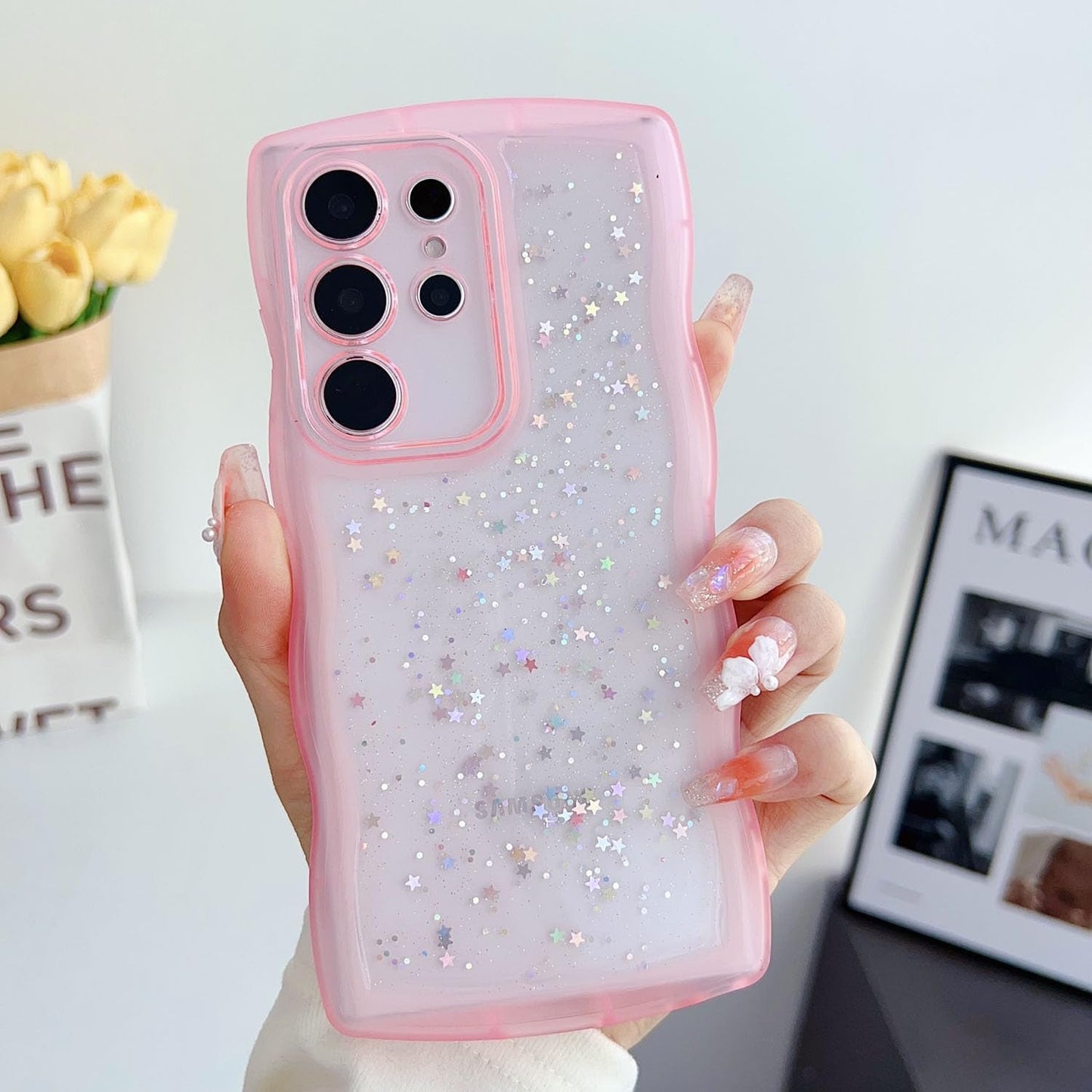 Compatible with Galaxy A53 5G Case for Women Girls Glitter Sparkly Bling Camera Lens Protector Cute Curly Wave Frame Shockproof Protective Cover Phone Case for Samsung Galaxy A53 5G(BLUE)