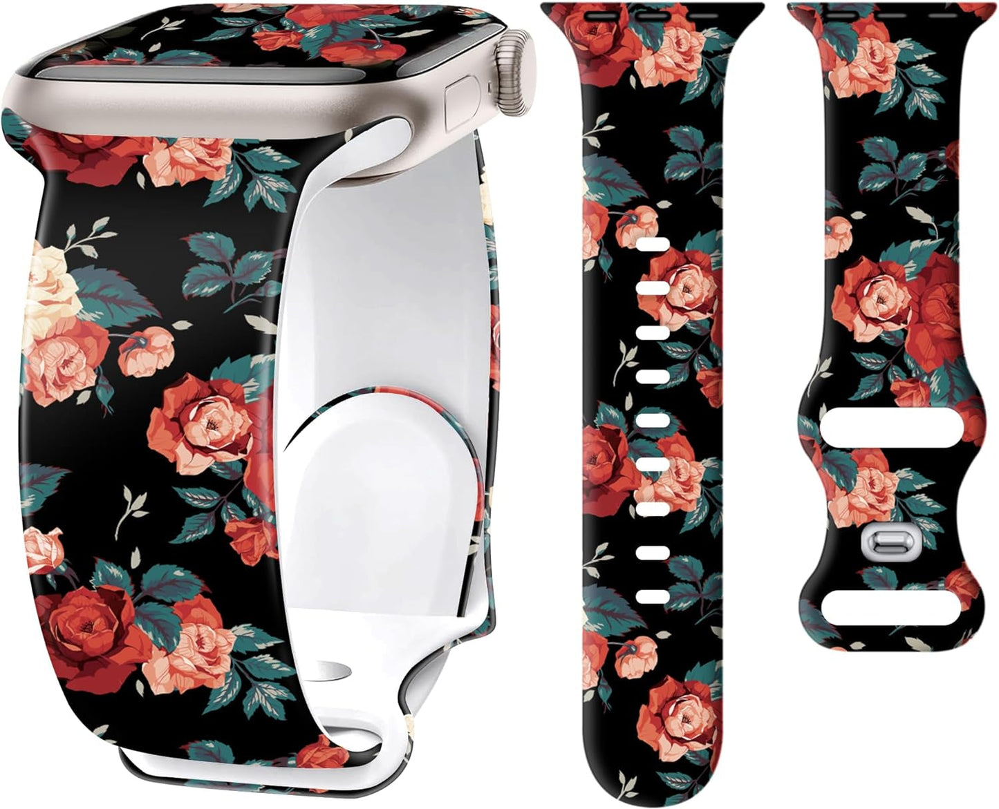 2 Pack Silicone Floral Band for Apple Watch Bands 41Mm 40Mm 38Mm for Women, Cute Flower Printed for Iwatch Bands, Fancy Dressy Soft Sport Strap for Apple Watch Band Series 9 8 7 SE 6 5 4 3