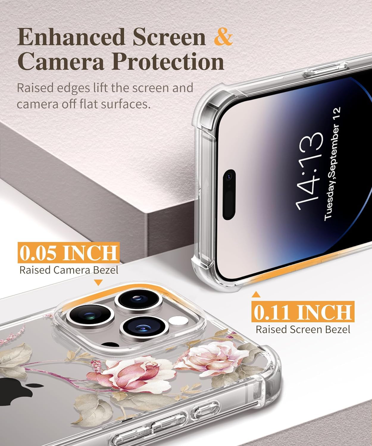 GVIEWIN for Iphone 15 Pro Case Floral, with Screen Protector+Camera Lens Protector, [Not Yellowing] Slim Shockproof Clear Phone Protective Cover for Women, Flower Pattern Design (Ranunculus/Pink)  GVIEWIN   