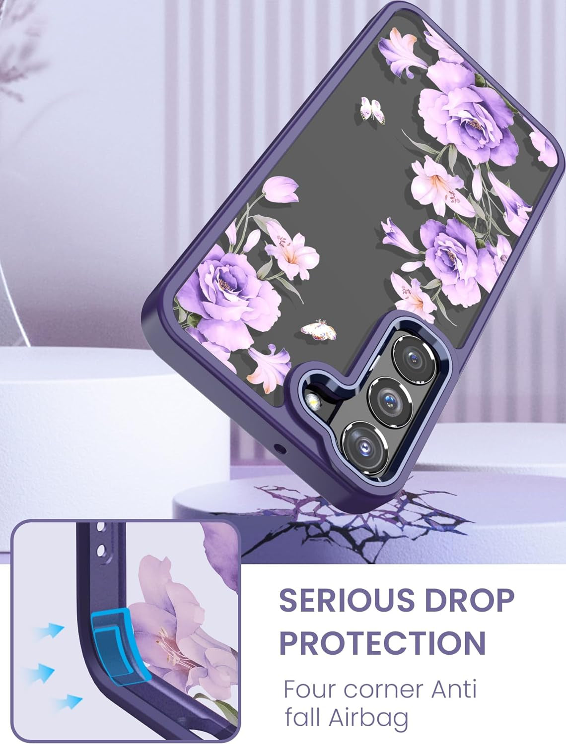 Dretal for Samsung Galaxy S22 5G Case Floral, Military Grade Drop Tested Hard Back & Soft Edge Slim Flower Women Girls Phone Protective Cover + Tempered Glass Screen Protector (Deep Purple)