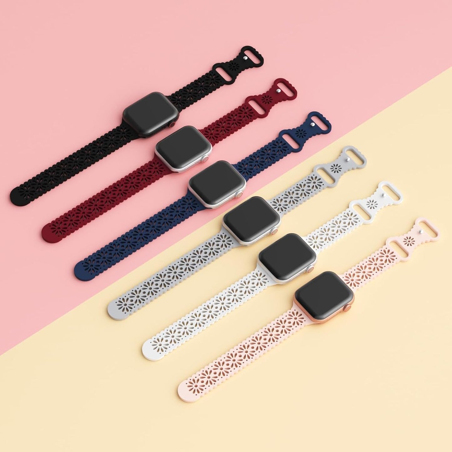 6 Pack Lace Hollow-Out Silicone Bands Compatible with Apple Watch 38Mm 40Mm 41Mm 42Mm 44Mm 45Mm 49Mm, Slim Thin Sport Strap Wristbands for Iwatch Ultra/Ultra 2 SE Series 9/8/7/6/5/4/3/2/1 Women Girls