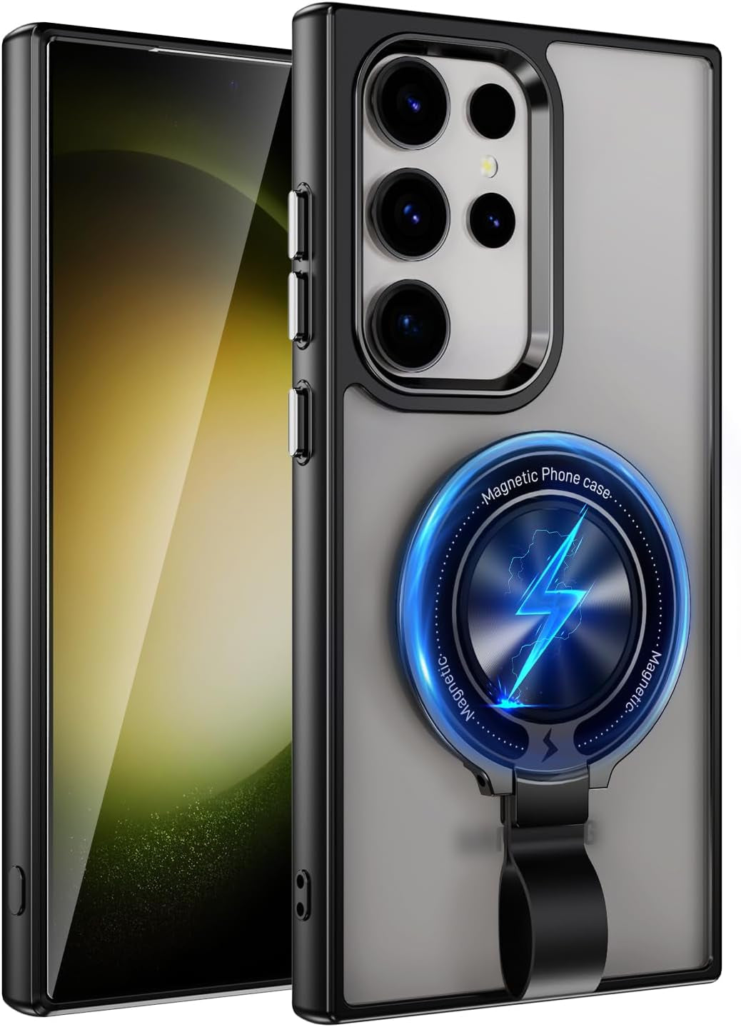 For Galaxy S22 Ultra Case with Magnetic Stand Slim Case with Soft Silicone Bumper for S22 Ultra Cover Wireless Charging Black+Kickstand 13-S22U-07