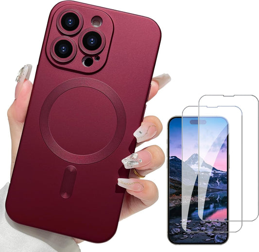 Oylaxoy for Iphone 15 Pro Case with Magsafe, Extreme Metallic Lustre Slim Soft, Lens Edge Bulge Protection and 2 Pcs Screen Protectors, Strong N56 Magnetism Design for Iphone 15 Pro 6.1"-Wine Red  Oylaxoy   