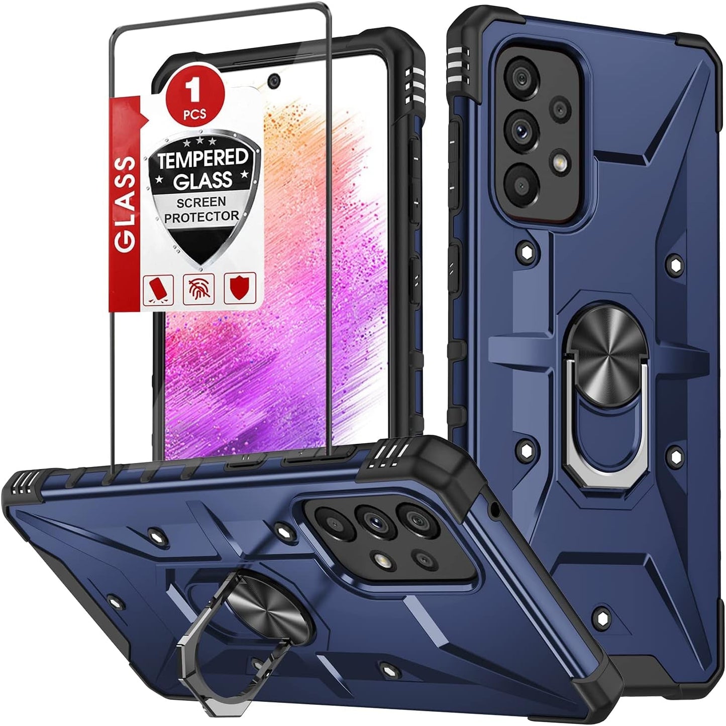 For Galaxy A53 5G Case, Samsung A53 5G Case with Tempered Glass Screen Protector, Military Grade Double Shockproof with Kickstand Protective Case for Samsung Galaxy A53 5G (Blue)