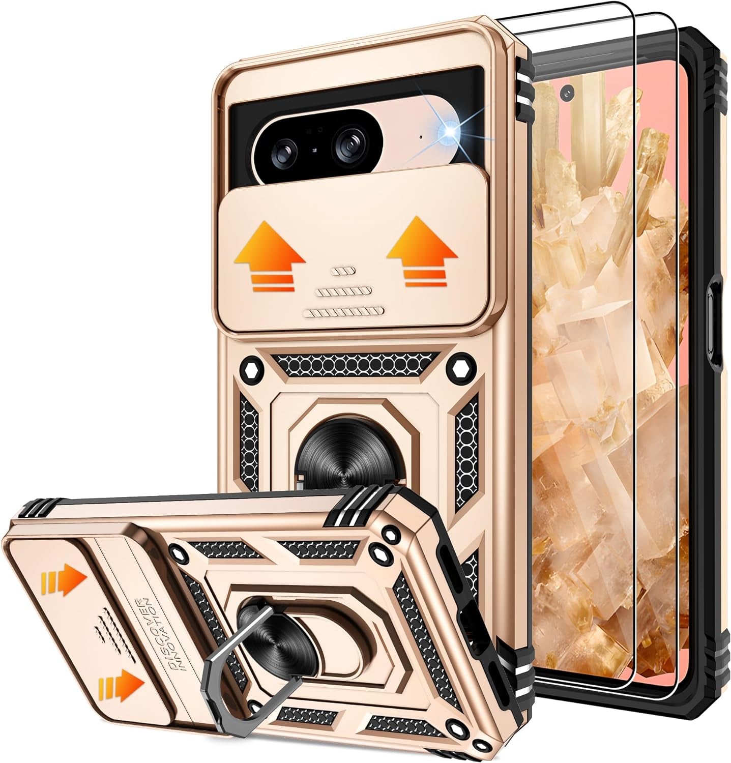 Fit for Google Pixel 8 5G Case with Screen Protector (2 Pack) & Slide Camera Cover, Build in 360° Magnetic Rotating Ring Kickstand [Military Grade] Protective Case for Pixel 8 Case, Green  Gritup Gold Google Pixel 8 6.2" 