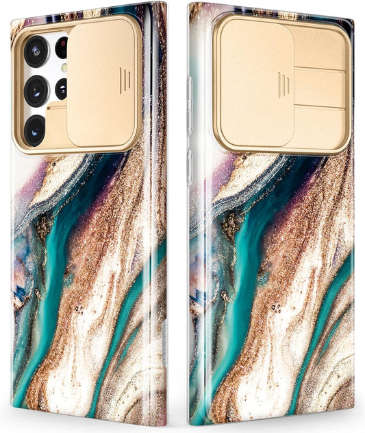 GVIEWIN Designed for Samsung Galaxy S22 Ultra Case with Slide Camera Cover, [Military Grade Drop Protection] Marble Slim Fit Shockproof Protective Phone Case for S22 Ultra 5G 6.8" 2022(Drift Sand)