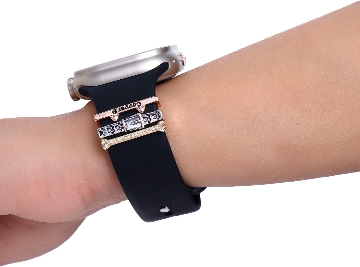 Decorative Rings Loops Compatible with Apple Watch Silicone Bands Metal Diamond Charms 45Mm 44Mm 42Mm 41Mm 40Mm 38Mm Iwatch Series 8 7 6 5 4 3 2 1 Accessories, Copper Dog, Adjustable